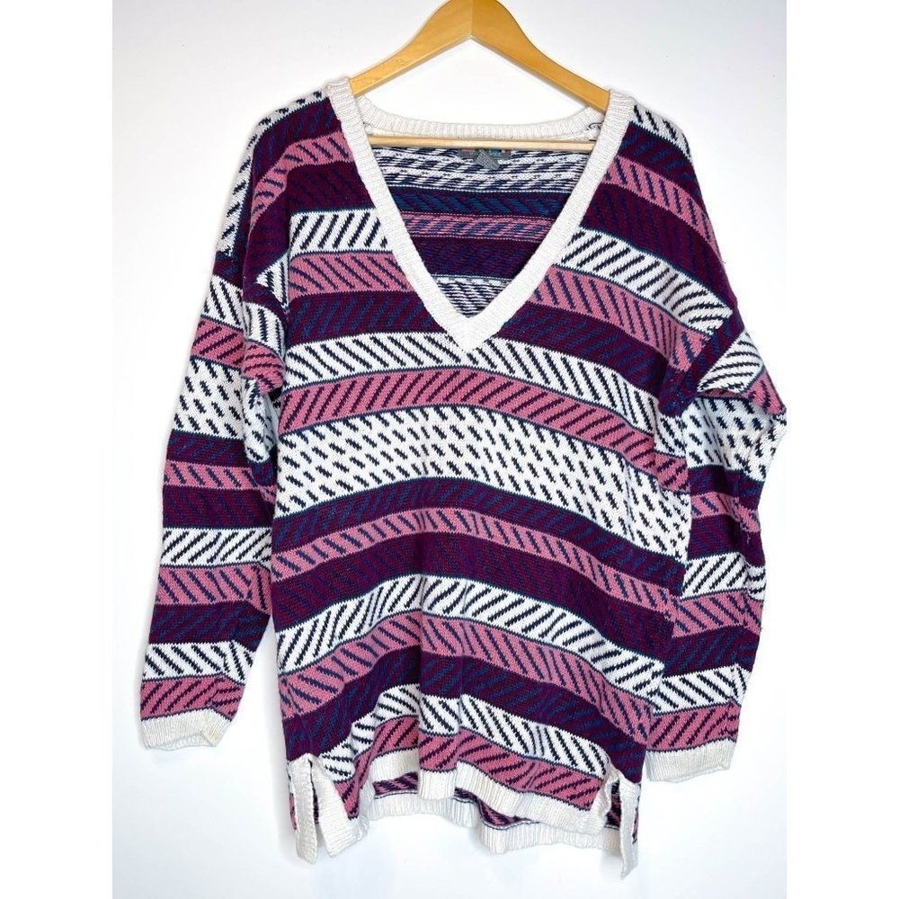 Vintage 90s Retro‎ Hippie Striped Purple V Neck Sweater Paris Sport Club